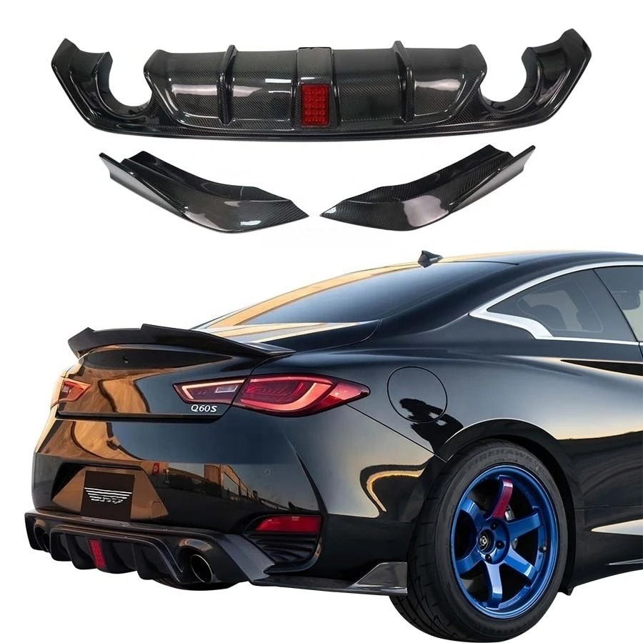 New  High Quality Carbon Fiber with Lights Exhaust Rear Diffuser Winglets Bolt-On  Q60S Coupe Bumper Body Kit